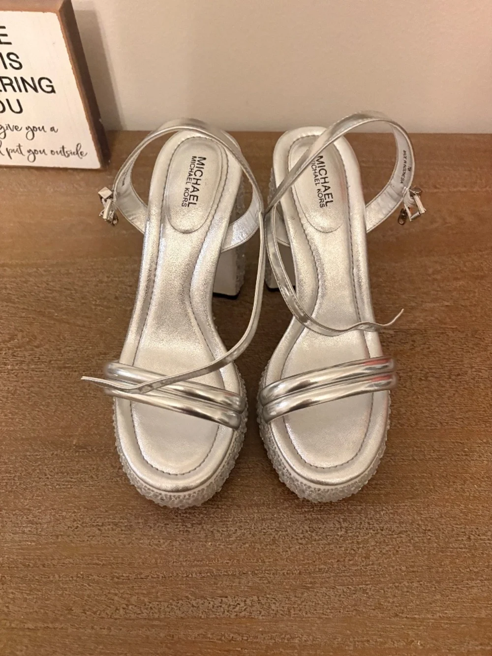 Michael Kors Silver Metallic Strappy Block Heel Sandals
